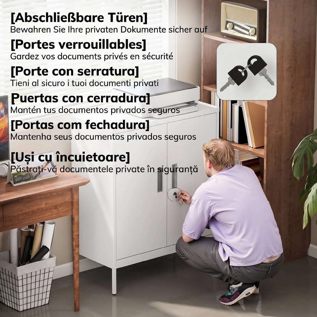 HOMCOM Dulap de Birou din Oțel cu 2 Rafturi Reglabile cu Sistem de Încuiere și 2 Chei, 80x40x100 cm, Alb | Aosom Romania