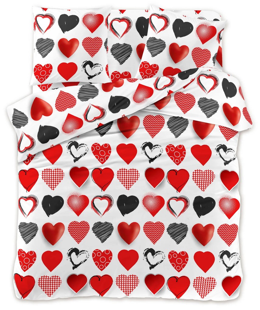 Lenjerie de pat din microfibra alba, HEARTS RED AND BLACK