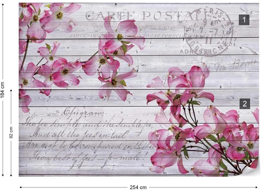 GLIX Fototapet - Pink Flowers Wood Plank Texture Vintage Script Farmhouse Chic Vliesová tapeta  - 254x184 cm