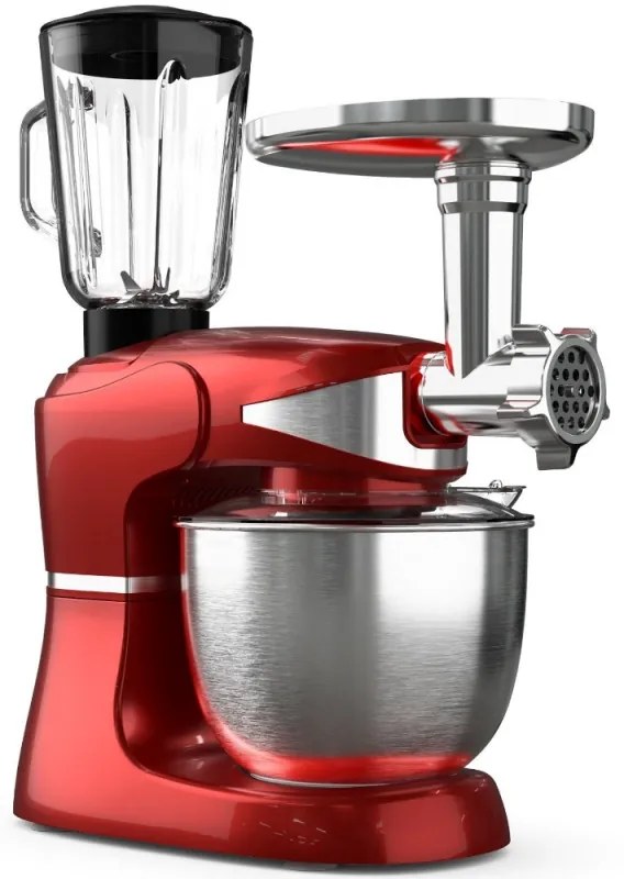 Robot de bucatarie cu bol de otel Tesla KR600RA, 1000W, 5 litri, Blender, Mixer, Masina de tocat carne, Rosu metalic