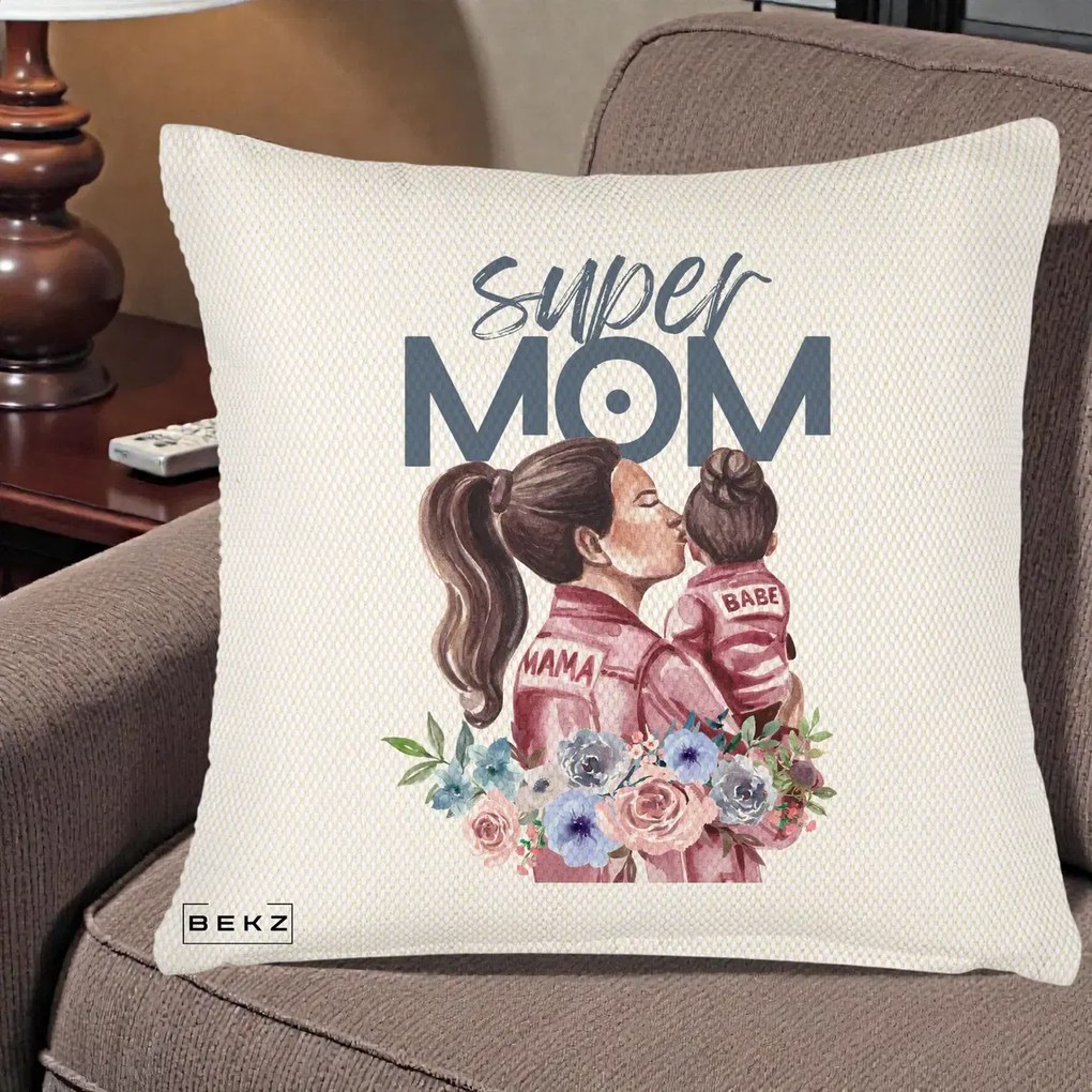 Cadou pentru Mama - Perna Personalizata Super Mom Mama cu Bebelusul, 40x40 cm, Crem Reliefat, Husa Detasabila, Perna Inclusa, BEKZ®
