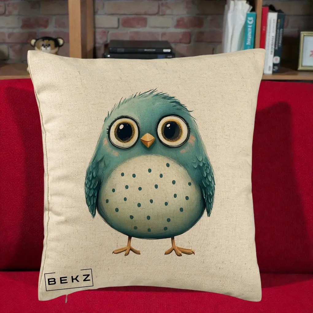 Perna Decorativa Pasare Teal cu Buline Teal, 40x40 cm, Bej, Husa Detasabila, Perna Inclusa, BEKZ®