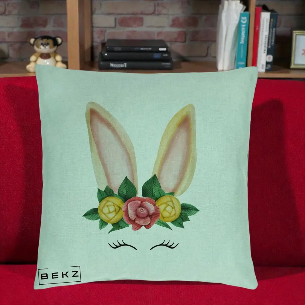 Perna Decorativa Iepuras Flori Urechi Pastelui, 40x40 cm, Verde Menta, Husa Detasabila, Perna Inclusa, BEKZ®