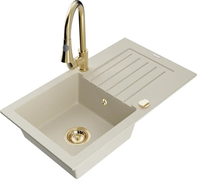 Mexen Pablo chiuvetă de granit cu o singură cuvă cu scurgător și robinet de bucătărie Elia, bej - 6510-69-670101-50