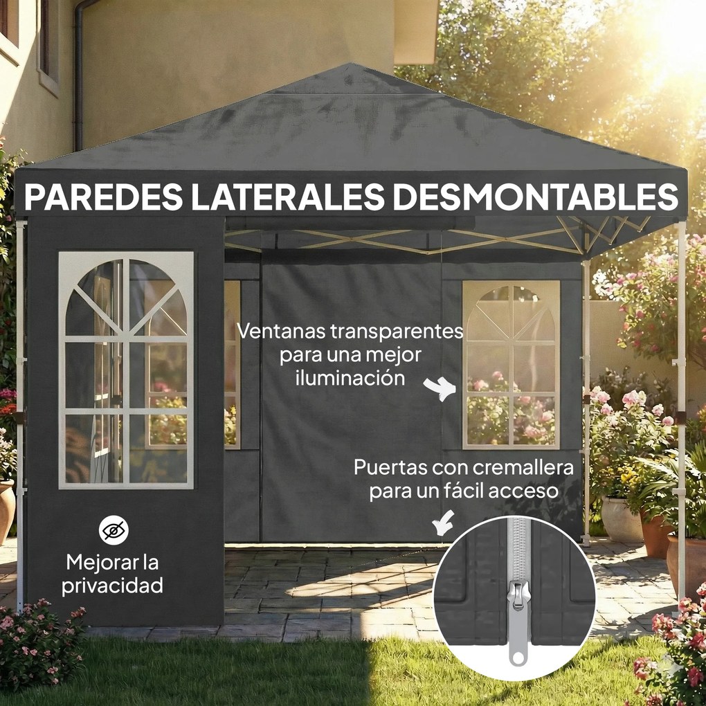 Outsunny Pavilion pliabil 300x300 cm Pop-up cu UPF50+ 4 laterale detașabile Înălțime reglabilă și husă de transport Gri închis | Aosom Romania