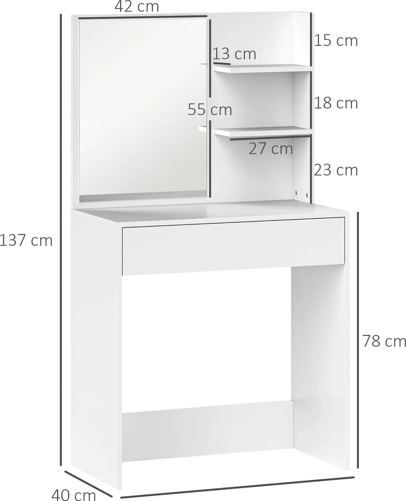 HOMCOM Masă de machiaj cu oglindă, 3 rafturi în colț și sertar, din lemn și sticlă, 75x40x137 cm, Alb | Aosom Romania