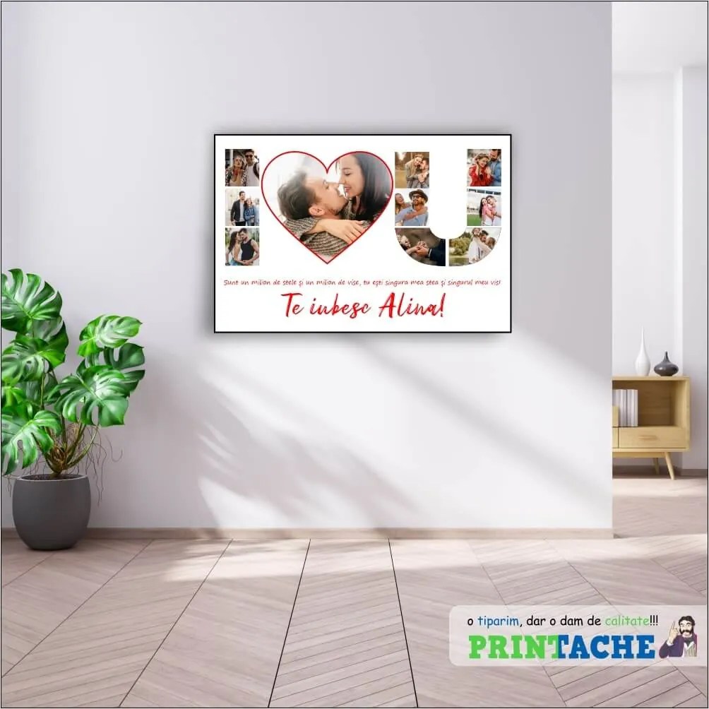 Tablou pe panza canvas cu 10 fotografii I LOVE YOU si mesaj personalizat - 90 x 60 cm