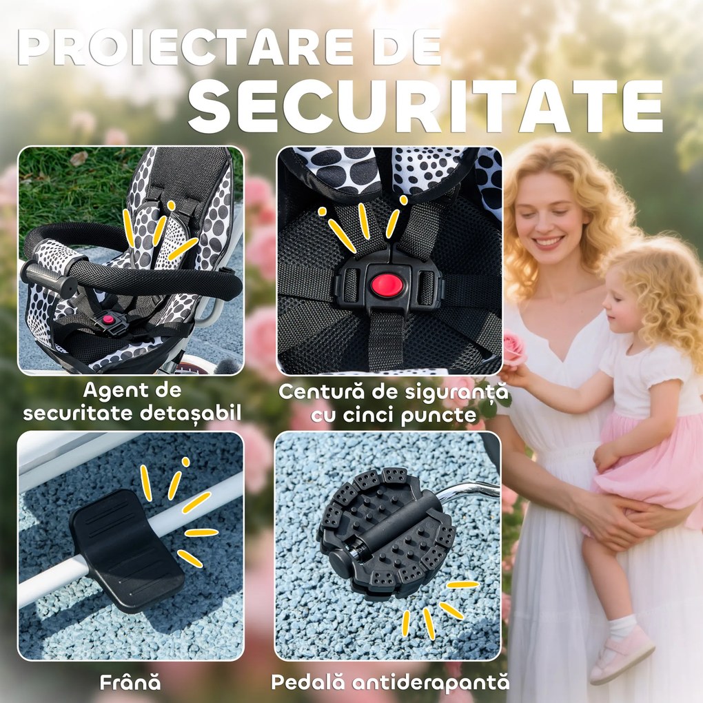 HOMCOM Triciclu pentru Copii cu Mâner de Împingere, Acoperiș Parasolar, Bară de Siguranță și Coș, 105x47x98 cm, Alb | Aosom Romania