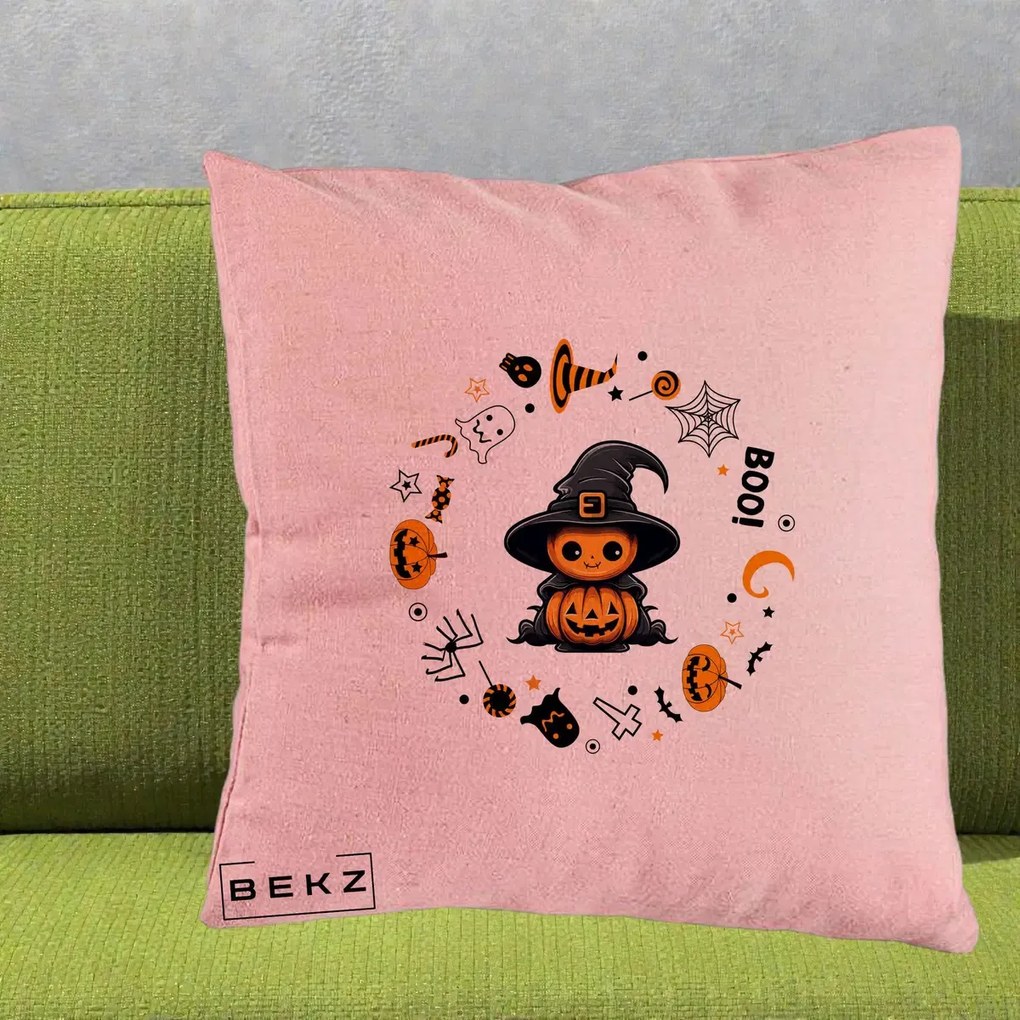 Perna Decorativa Halloween Dovleac Vrajitor Boo cu Simboluri, 40x40 cm, Roz, Husa Detasabila, Perna Inclusa, BEKZ®