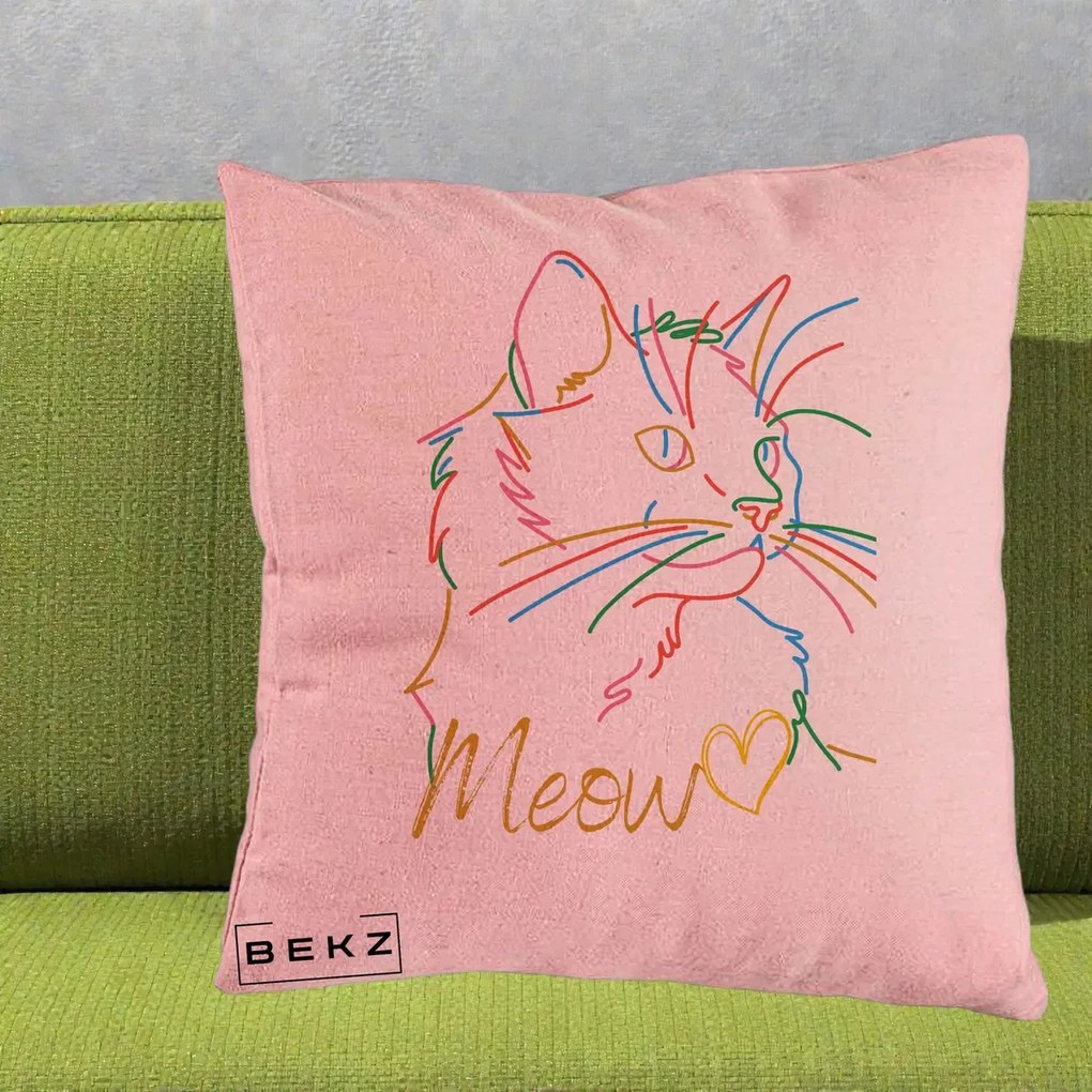 Perna Personalizata Pisica Meow Arta Linie Colorata, 40x40 cm, Roz, Husa Detasabila, Perna Inclusa, BEKZ®