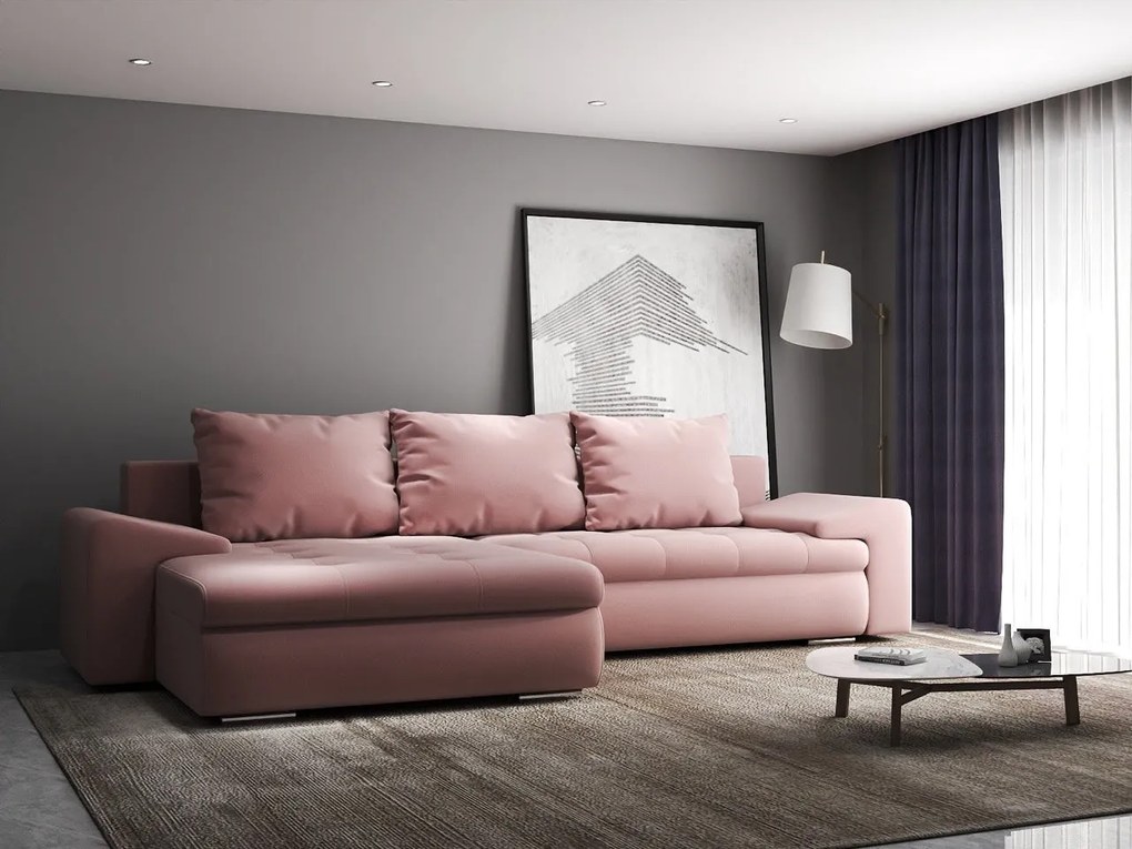 Colțar extensibil dumonde cu ladă de depozitare si sezut confortabil din spuma high-density, Leonardo Royal Roz 260x185 cm