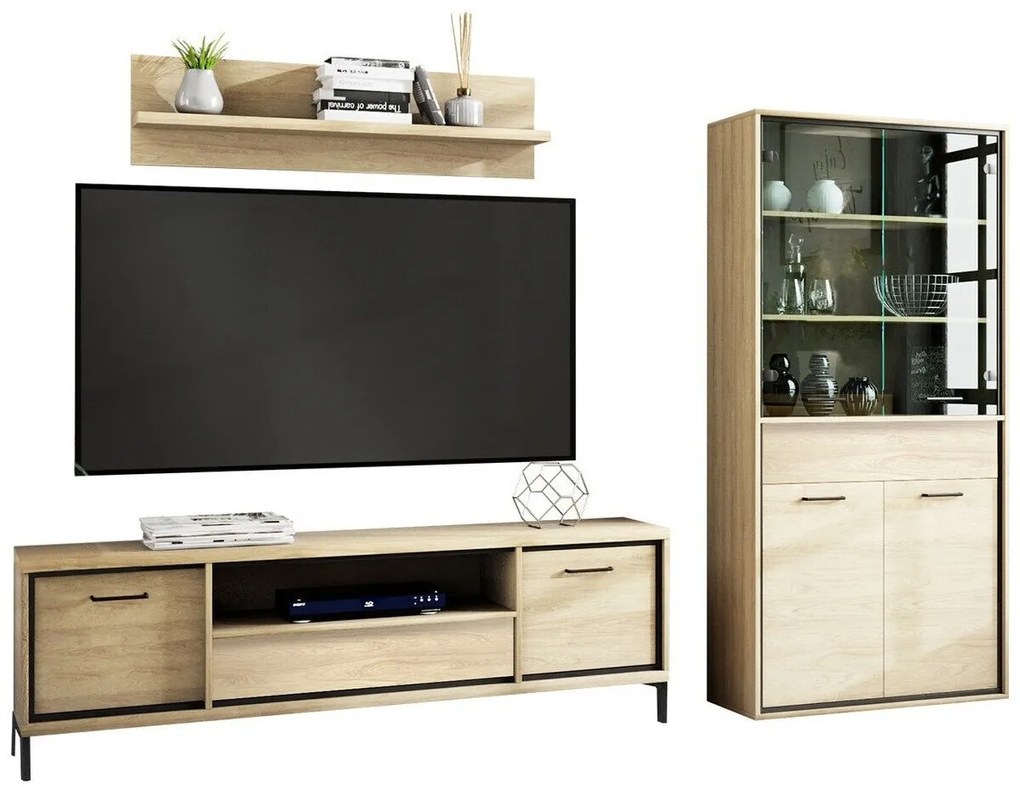 Mobilă pentru sufragerie Stanton F123Luminos lemn, Părți separate, Cu comodă tv, Cu componente suplimentare, PAL laminat, Sticlă călită, 139 kg