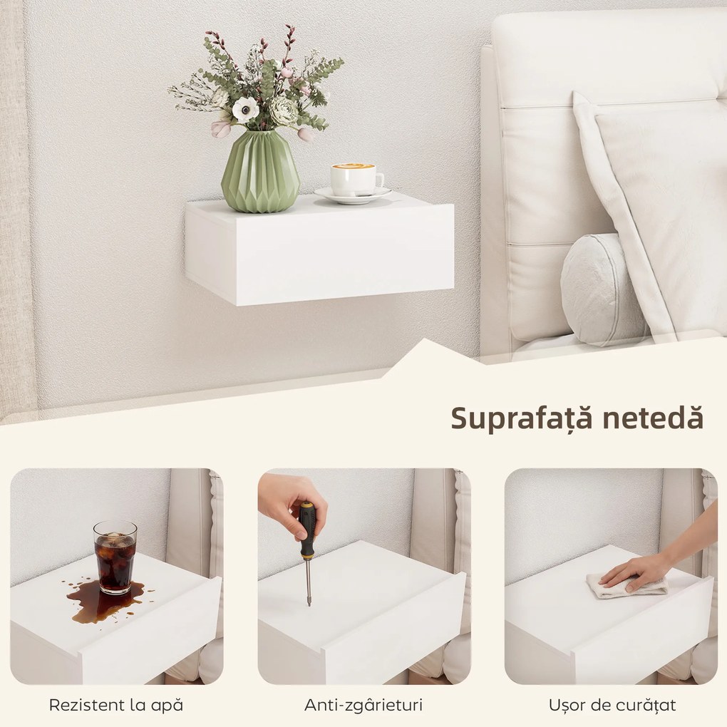 HOMCOM Set de 2 Noptiere Suspendate pentru Dormitor cu Sertar, 40x30x15 cm, Alb | Aosom Romania