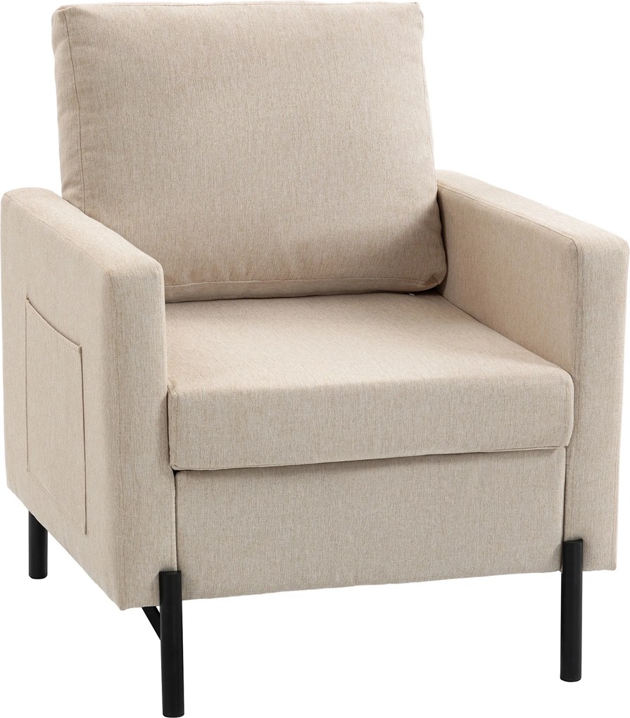 HOMCOM Fotoliu de salon, canapea 1 loc căptușită cu cotieră, șezut lat și picioare din oțel, 73 x 77 x 87 cm, bej | Aosom Romania
