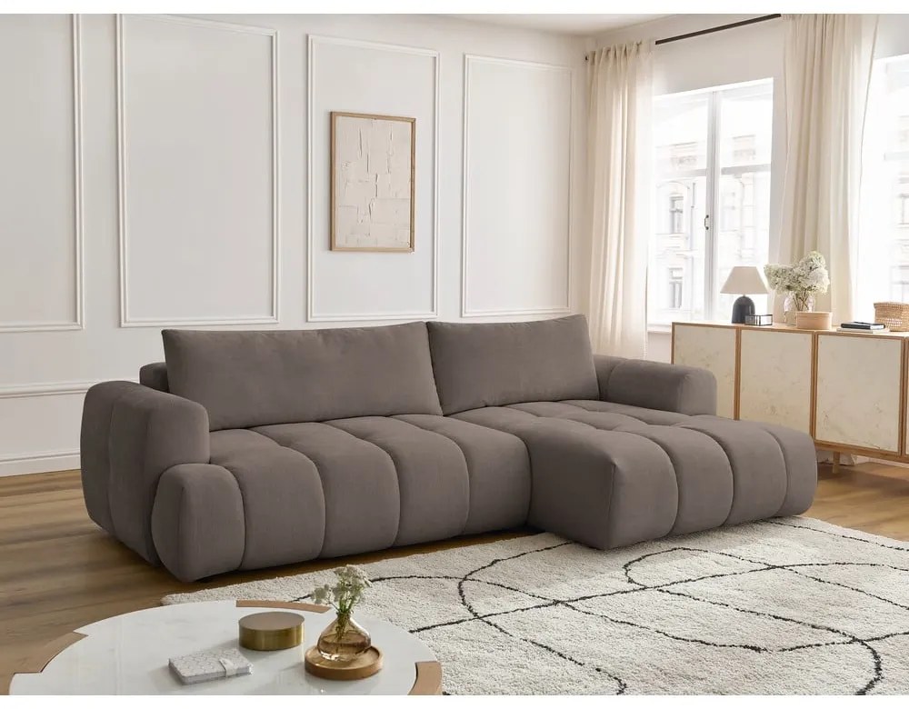 Colțar taupe extensibil/cu spațiu de depozitare (cu colț pe partea dreaptă/cu șezlong) Fuji – Bobochic Paris