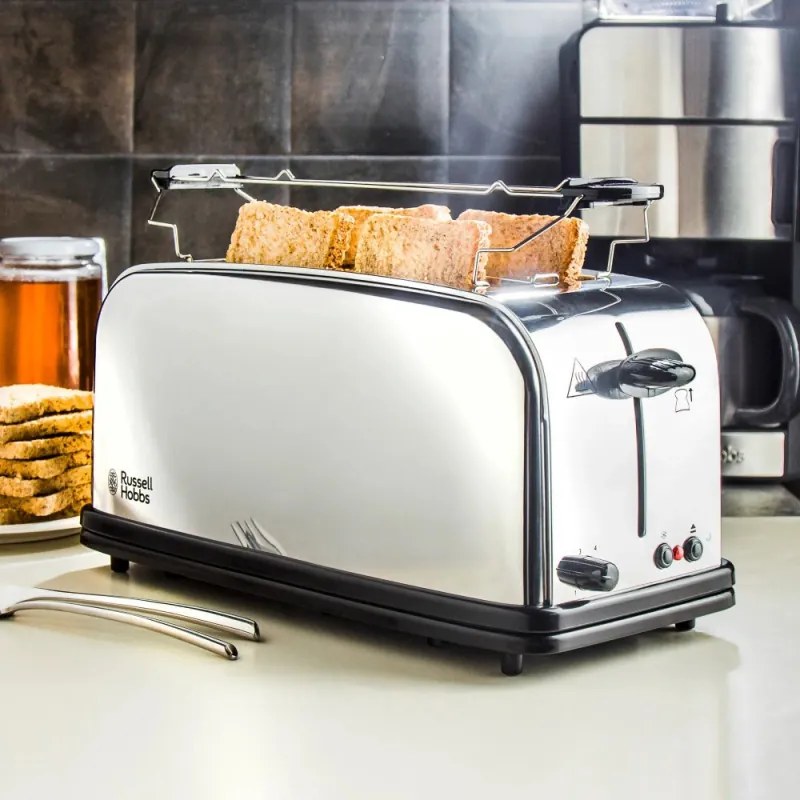 Prajitor de paine Russell Hobbs Adventure 23610-56, 1600 W, 4 felii, 6 trepte, Sistem Perfect Toast pentru coacere uniforma, Incalzire, Otel inoxidabil