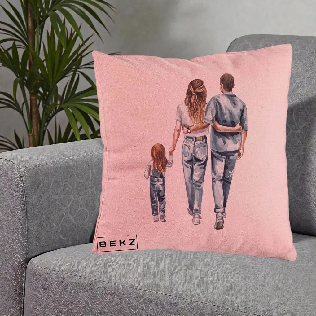 Cadou pentru Familie - Perna Personalizata Familie Acuarela Jeans, 40x40 cm, Roz, Husa Detasabila, Perna Inclusa, BEKZ®