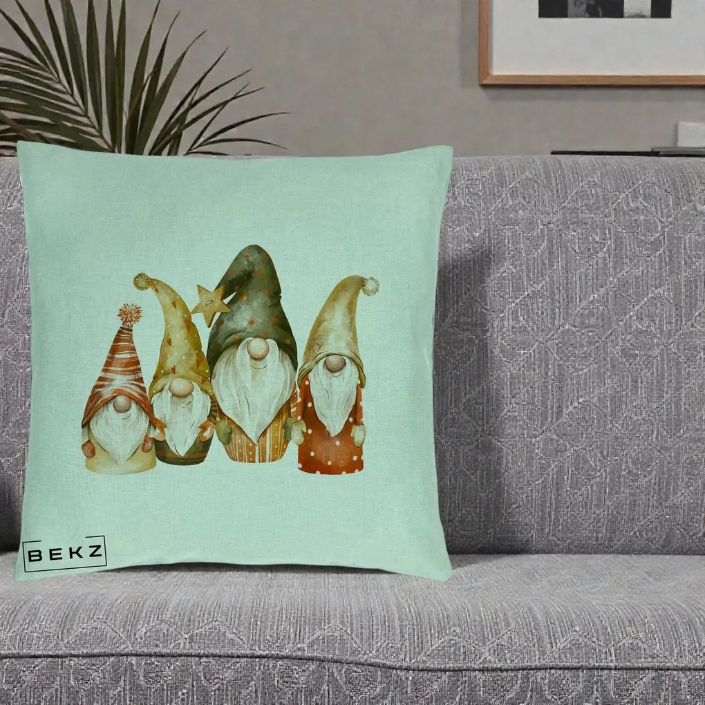 Perna Decorativa Gnomi de Craciun Patru, 40x40 cm, Verde Menta, Husa Detasabila, Perna Inclusa, BEKZ®
