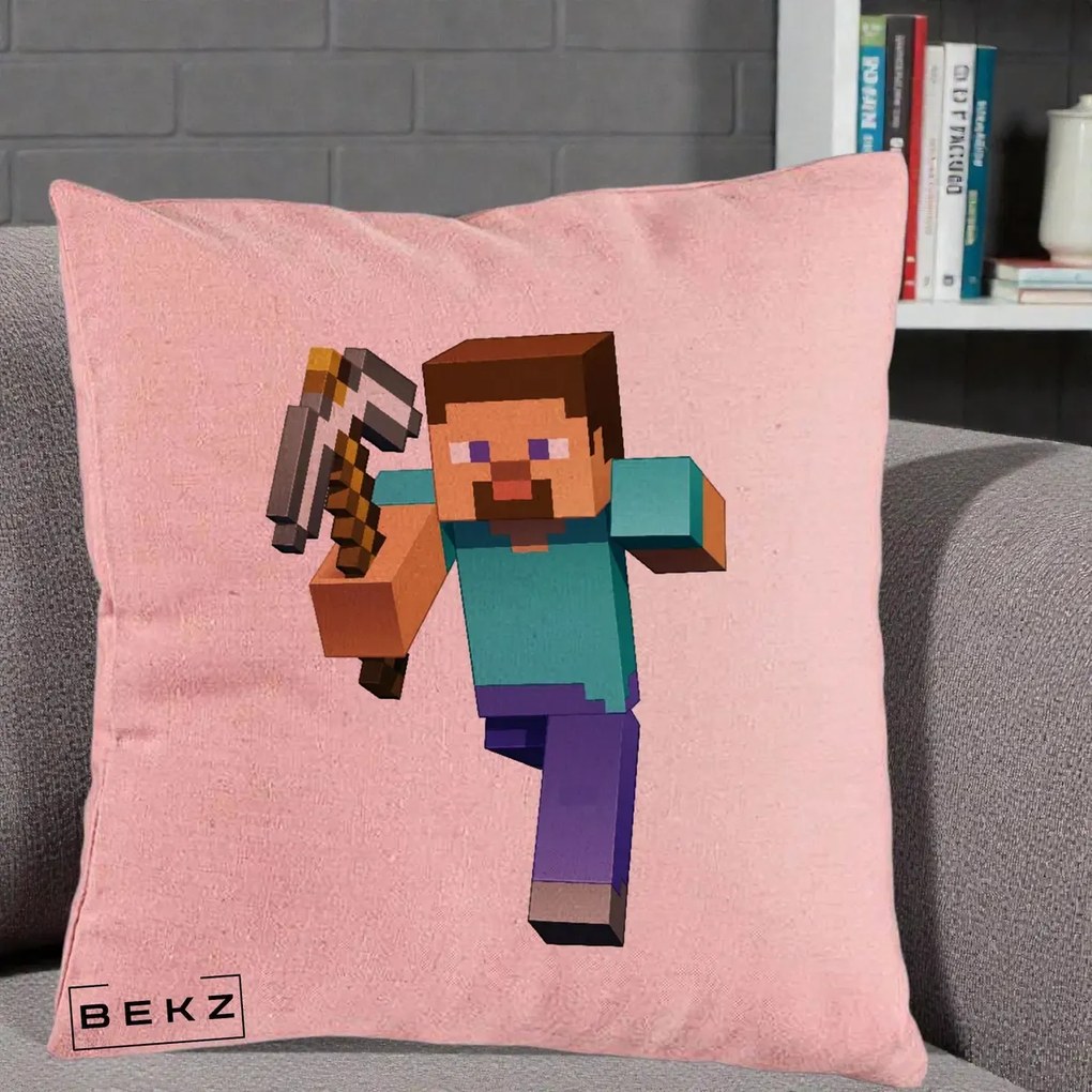 Perna Personalizata Minecraft Steve, 40x40 cm, Roz, Husa Detasabila, Perna Inclusa, BEKZ®
