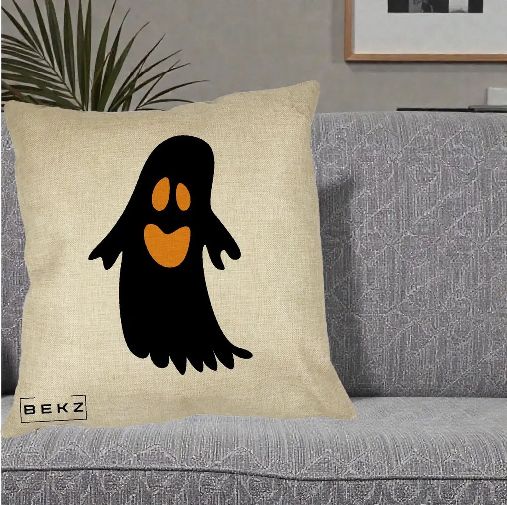 Perna Decorativa Halloween Fantoma Neagra cu Ochi Portocalii, 40x40 cm, Crem, Husa Detasabila, Perna Inclusa, BEKZ®