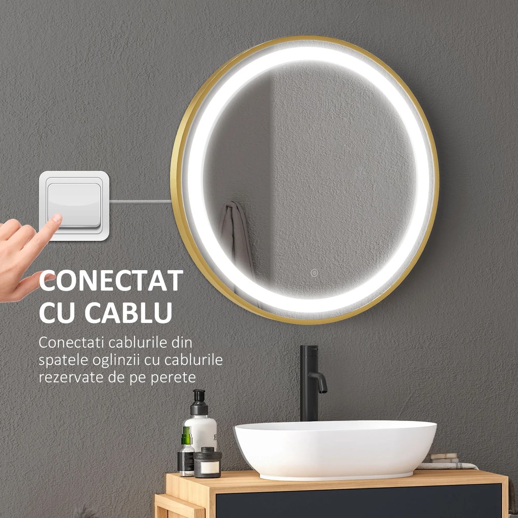 kleankin Oglindă de Baie Rotundă cu Lumină LED, Luminozitate Reglabilă și Întrerupătoare Touch, Ø60x4 cm, Auriu | Aosom Romania