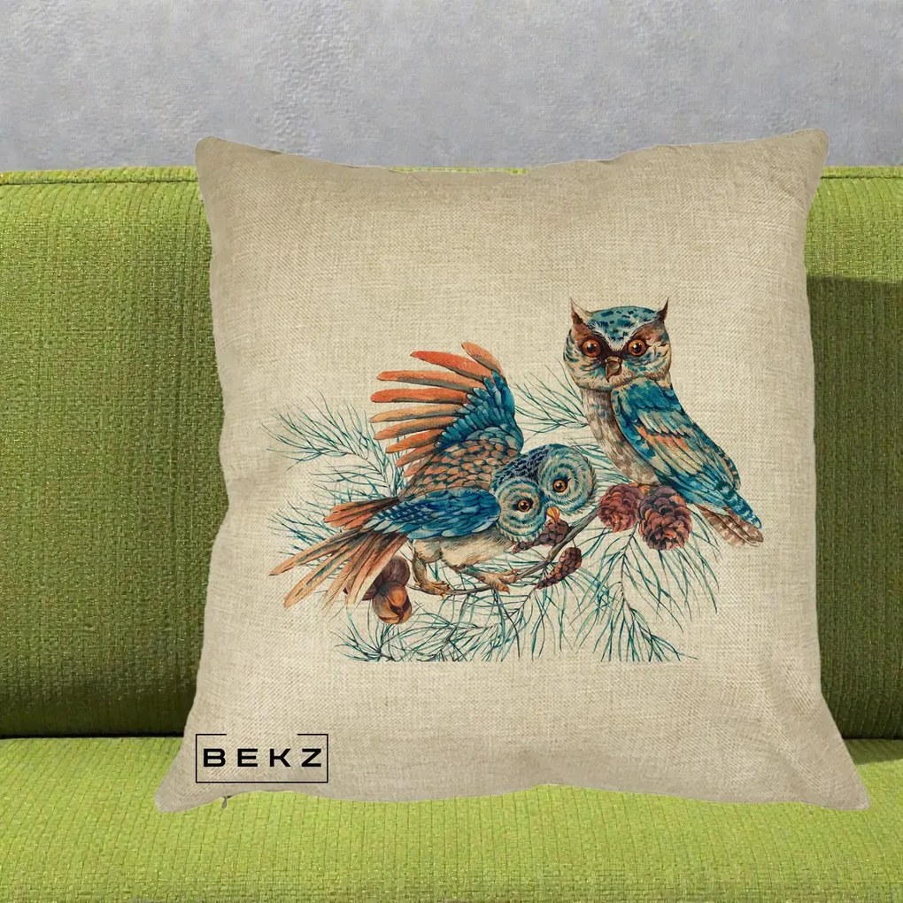 Perna Decorativa Bufnite de Iarna Albastre, 40x40 cm, Crem, Husa Detasabila, Perna Inclusa, BEKZ®