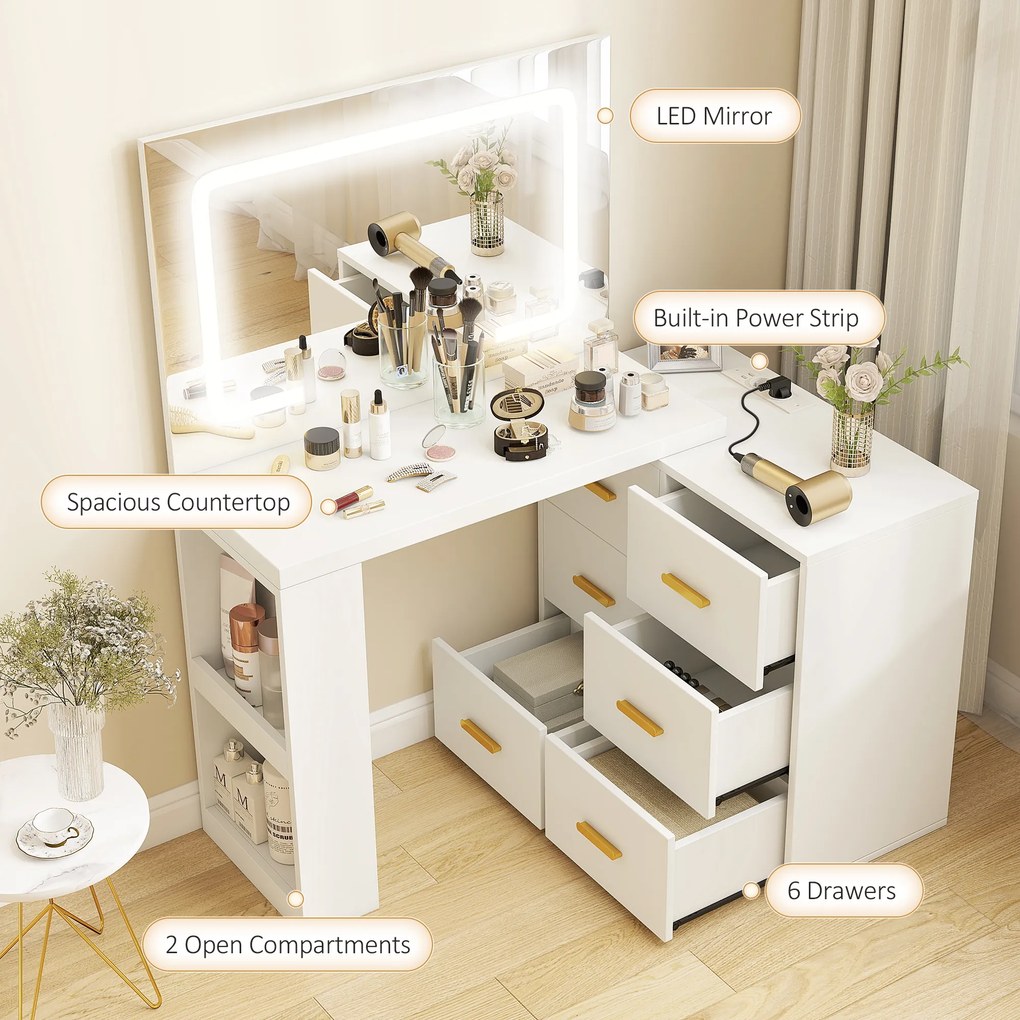 HOMCOM Stație de Machiaj cu Lumini LED, 3 Culori, Luminozitate Reglabilă, Toaletă Convertibilă cu Prize Electrice, 6 Sertare Soft Close, Oglindă, Rafturi Deschise, pentru Dormitor, Alb | Aosom Romania