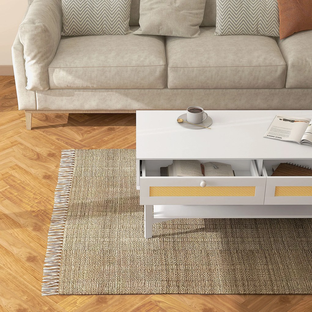 HOMCOM Măsuță de Cafea Dreptunghiulară cu 2 Sertare, Măsuță Boho Joasă din Ratan și Lemn, Dimensiuni 120x50x50 cm, Alb și Lemn Natural | Aosom Romania