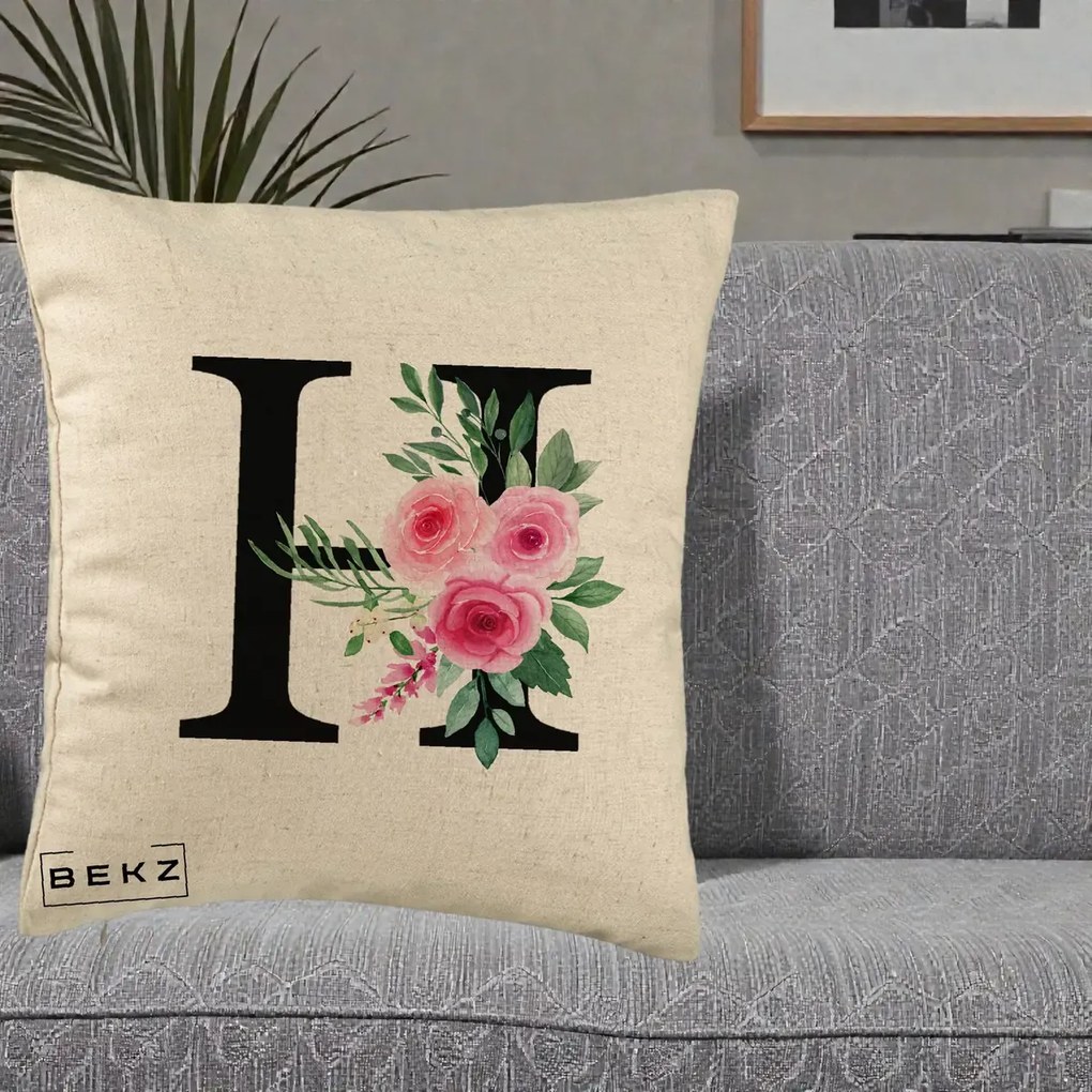Cadou Personalizat - Perna Personalizata Monograma Florala Litera H cu Trandafiri Roz, 40x40 cm, Bej, Husa Detasabila, Perna Inclusa, BEKZ®