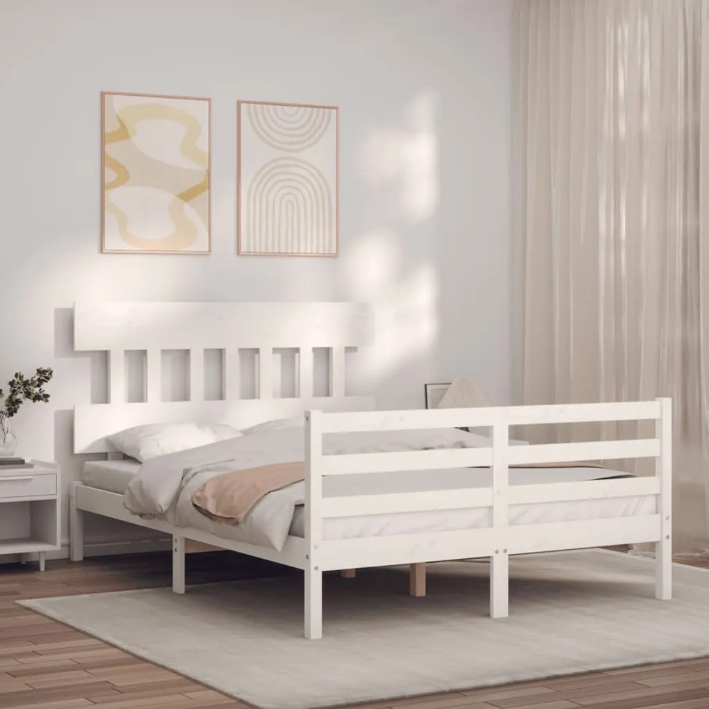 3195157 vidaXL Cadru de pat cu tăblie, alb, 140x200 cm, lemn masiv