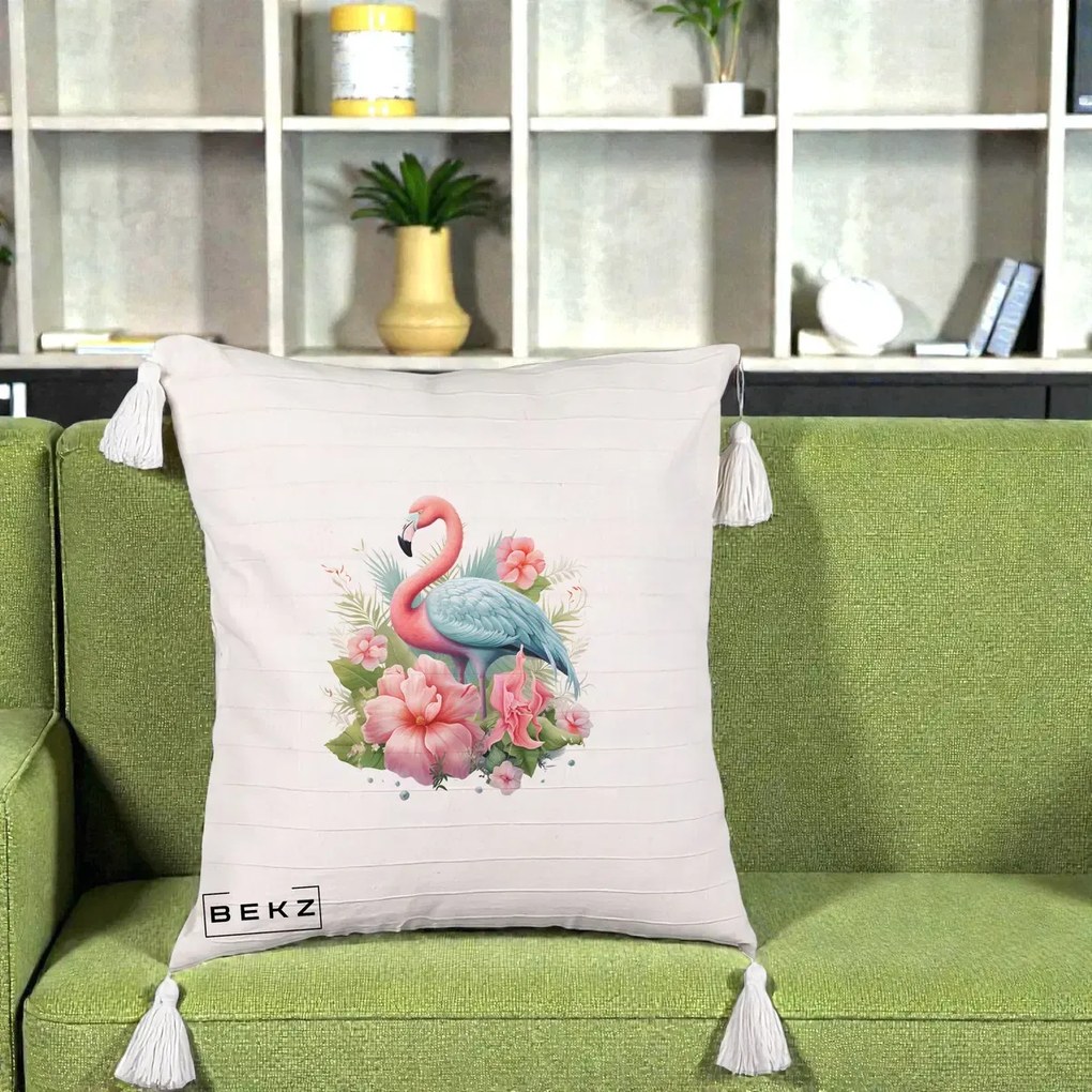 Perna Decorativa Flamingo cu Hibiscus Tropical, 40x40 cm, Bej cu Franjuri, Husa Detasabila, Perna Inclusa, BEKZ®