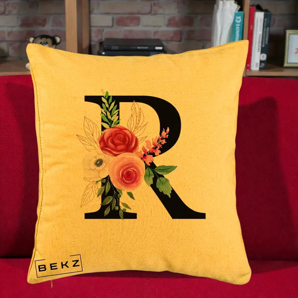 Cadou Personalizat - Perna Personalizata Monograma Florala Litera R, 40x40 cm, Galben, Husa Detasabila, Perna Inclusa, BEKZ®