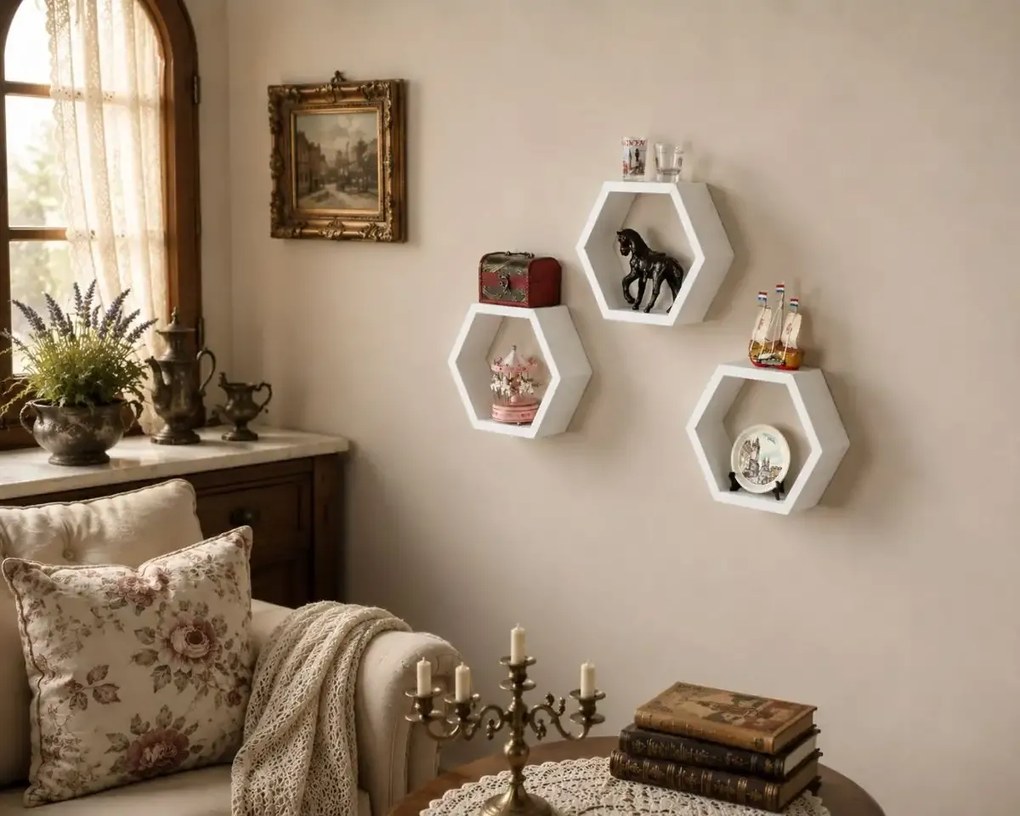Set 9 rafturi perete Hexa Culoare alb,Homs,Seia A620,lemn natur