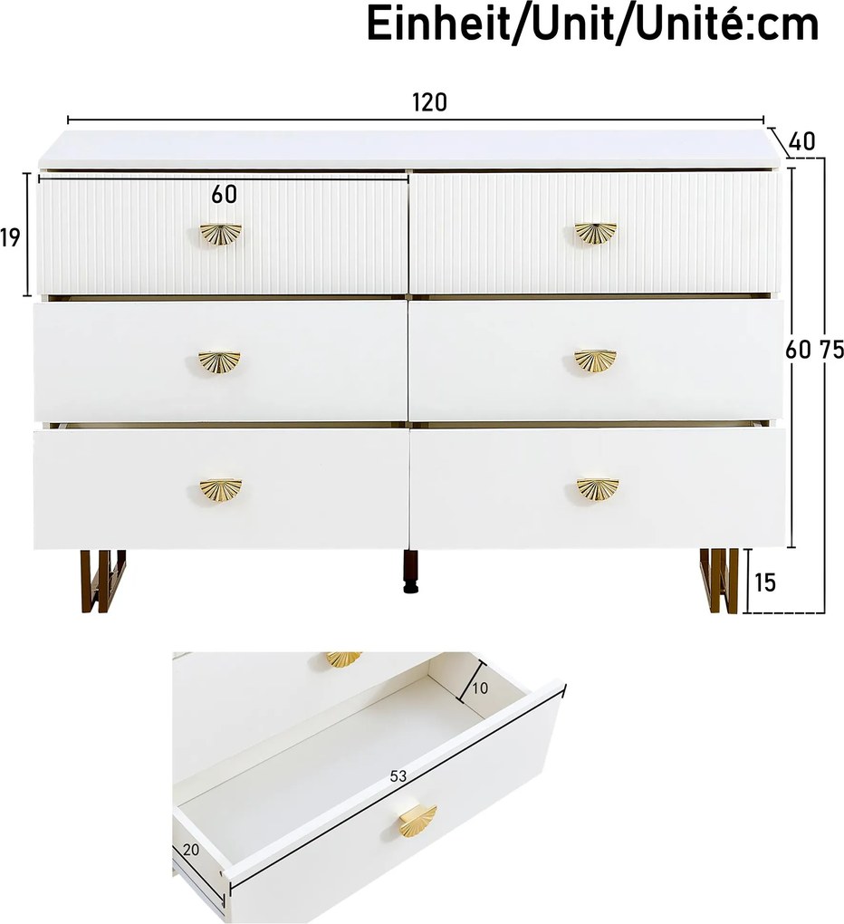 Comodă modernă cu 6 sertare, mânere tip evantai și picioare din oțel, mult spațiu de depozitare, 120x40x75 cm, Alb