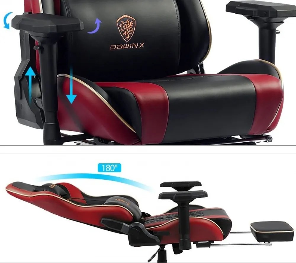 DOWINX Scaun gaming, ergonomic, pernă lombară cu masaj, suport pentru picioare, piele PU matlasata, respirabila, cotiere 4D, rezistent 150 kg, Negru/Rosu