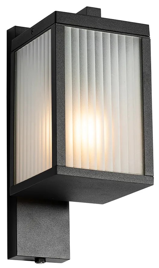 Lămpă de perete exterioară neagră cu sticlă cu nervuri și senzor de amurg - Charlois