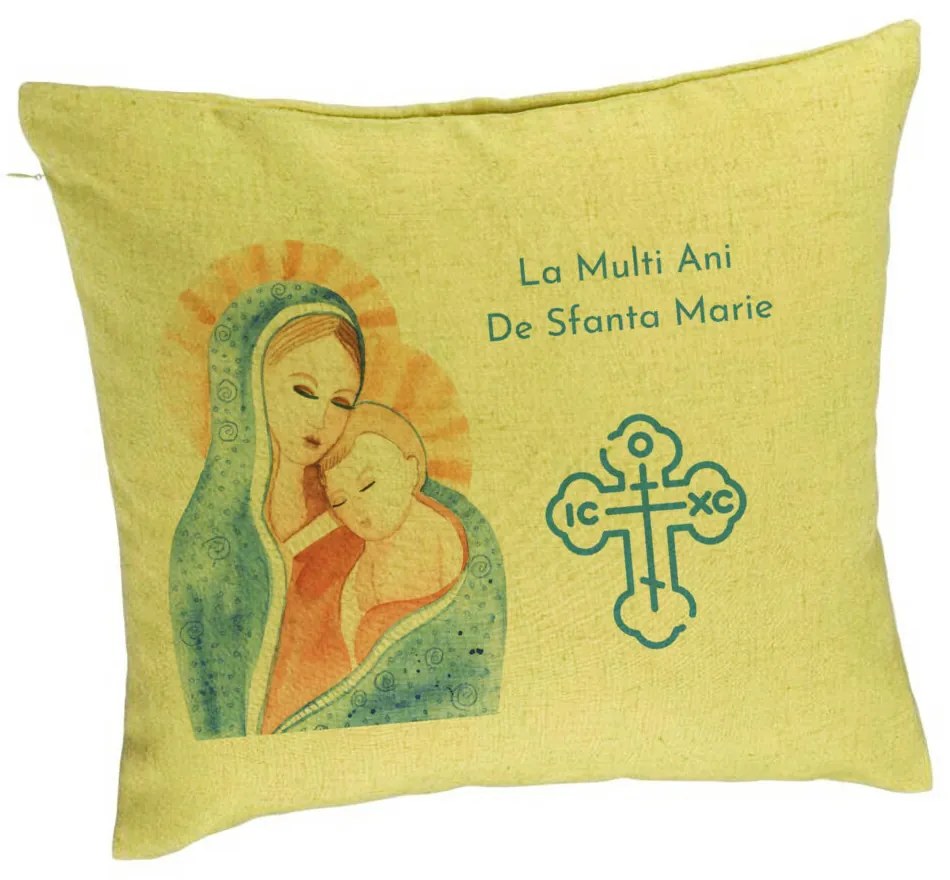 Perna Decorativa, Model La multi ani de Sfanta Maria, 40x40 cm, Verde, Husa Detasabila, Burduf