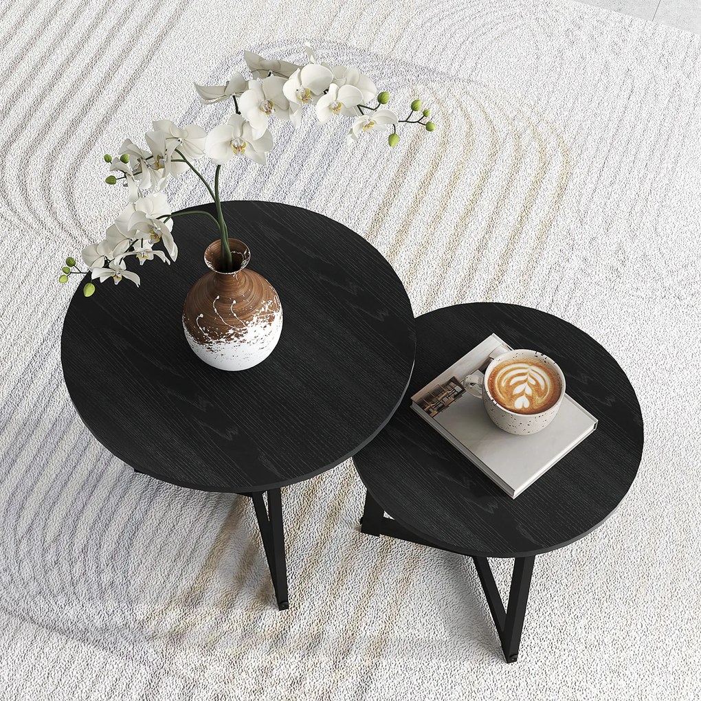 HOMCOM Set modern de mese de cafea, Cadru de Oțel, MDF, Design Rotund, suprapozabil, Negru | Aosom Romania