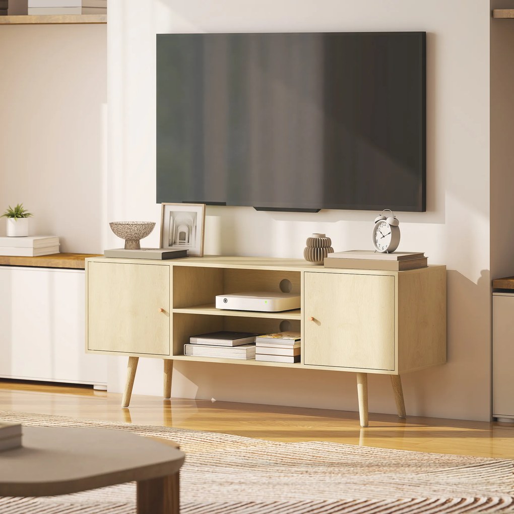 HOMCOM Comodă TV mobilier TV pentru televizor de până la 140 cm 2 dulapuri și 2 rafturi deschise 120x34x50cm efect lemn natural | Aosom Romania