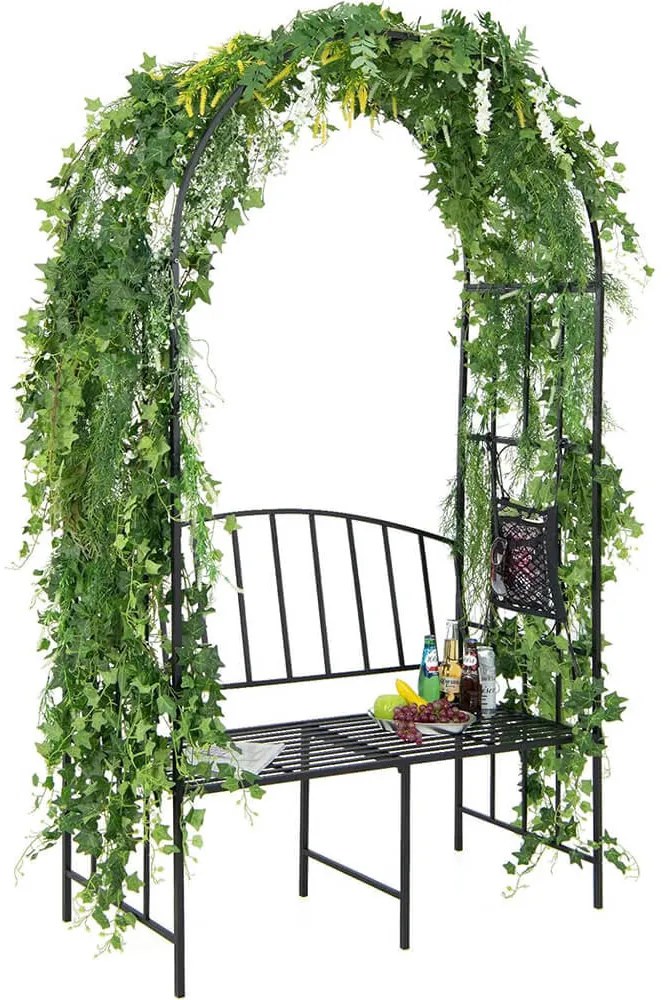 Arcada de gradina pentru flori cu banca, negru