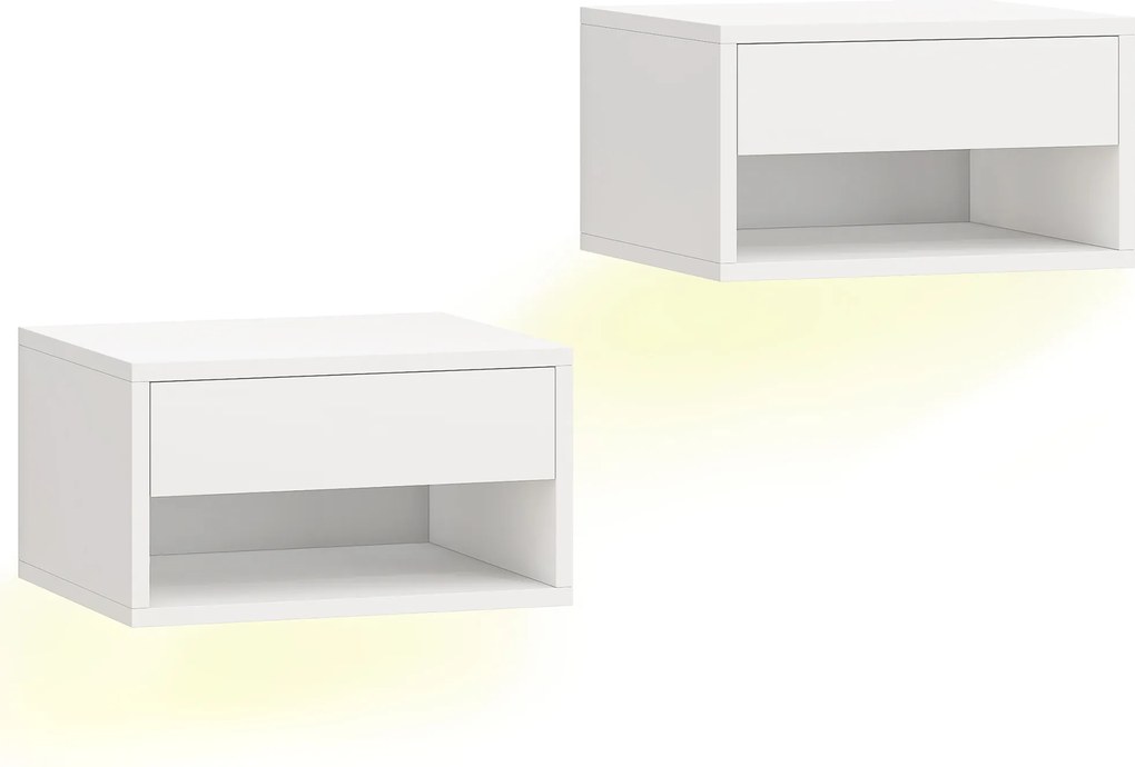 HOMCOM Set 2 Noptiere Suspendate cu LED RGB Integrat și Reglabil prin Aplicație, Sertar și Raft, 37x32x21 cm, Alb | Aosom Romania
