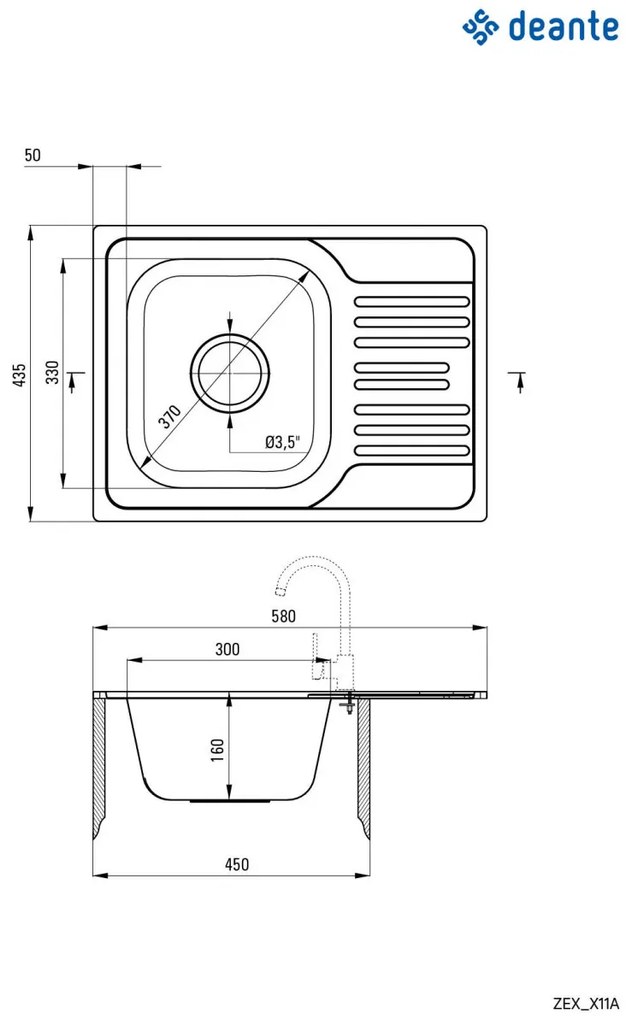 Chiuvetă din inox, 1-cuvă cu picurător, Xylo, ZEX_311A