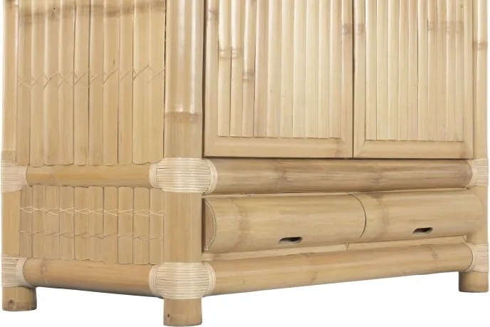 Dulap înalt din bambus și ratan, natur, cu 2 uși, 2 sertare, 3 rafturi și bară pentru haine, legături din ratan, 170 x 120 x 60 cm, „Bally”