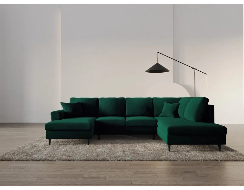 Colțar verde extensibil, cu spațiu de depozitare cu tapițerie din catifea (cu colț pe partea dreaptă-în formă de "U") Kyoto – Cosmopolitan Design