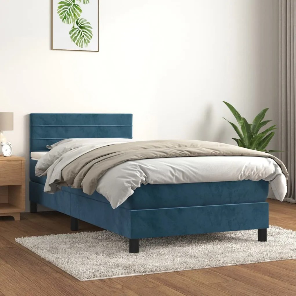 3141345 vidaXL Pat box spring cu saltea, albastru închis, 90x200 cm, catifea