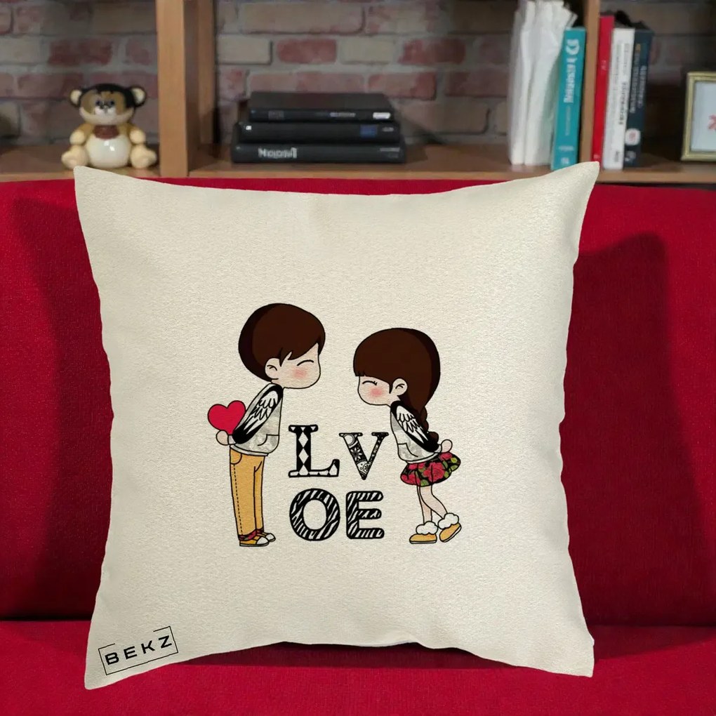 Cadou Romantic - Perna Personalizata Cuplu Kawaii LOVE, 40x40 cm, Ecru, Husa Detasabila, Perna Inclusa, BEKZ®