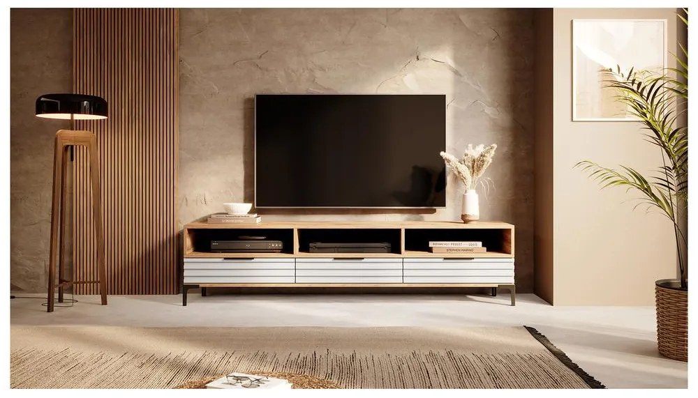 Masă TV Ricko 3D (cu iluminat) (stejar natural + alb). 1098754
