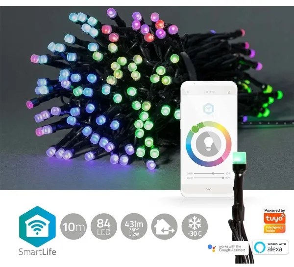 Nedis WIFILX01C84 - Ghirlandă LED RGB pentru exterior, 84 LED-uri, 8 funcții, 13 m, IP65, Wi-Fi (Tuya)