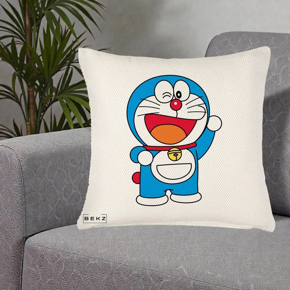Perna Personalizata Doraemon Salutand, 40x40 cm, Crem Reliefat, Husa Detasabila, Perna Inclusa, BEKZ®