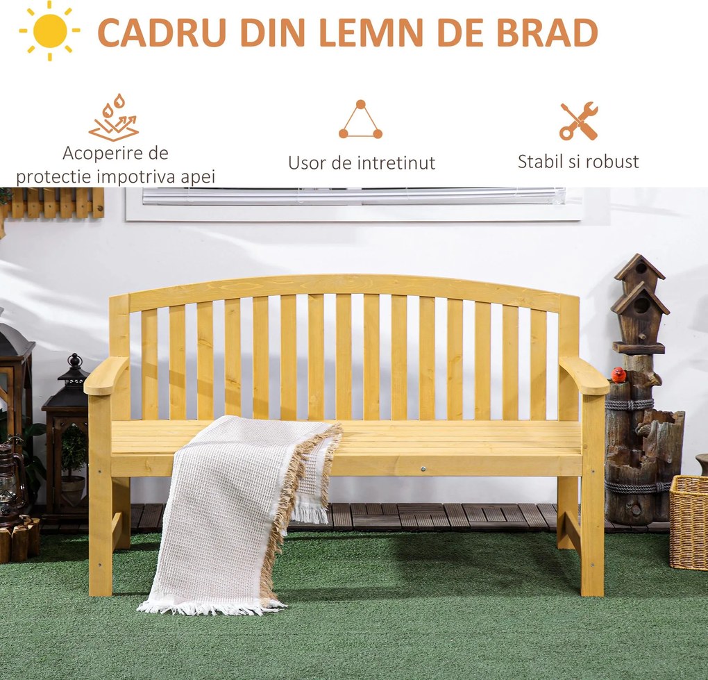 Outsunny Bancă din Lemn cu 2 Locuri, Spătar și Cotiere pentru Terasă, Verandă, Piscină, Balcon, 143x51x85 cm, Lemn Natural | Aosom Romania